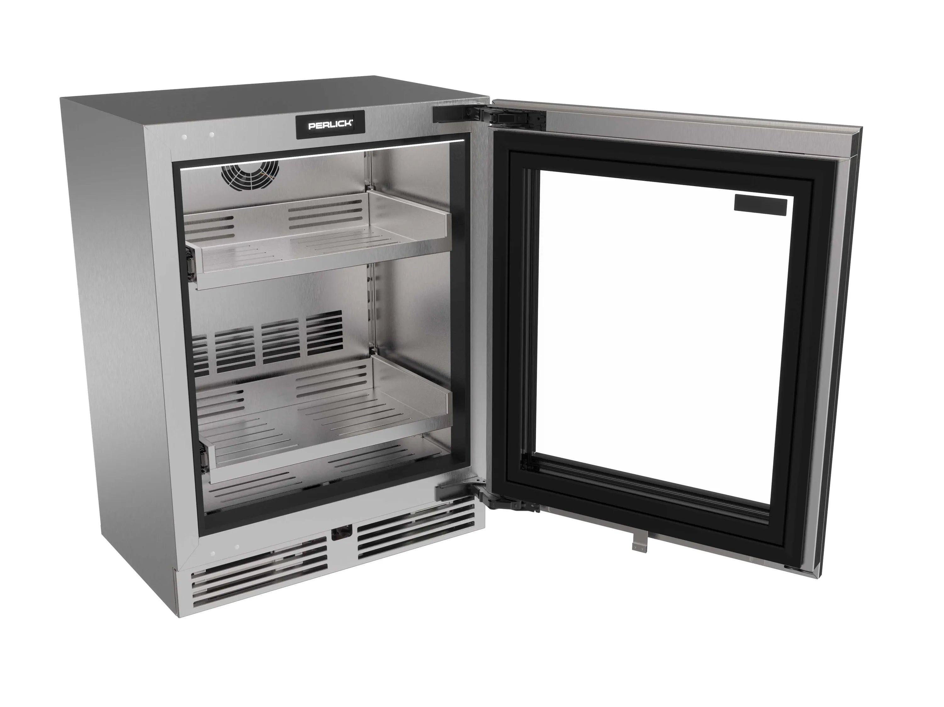 Stainless undercounter refrigerator with open glass door and interior shelves
