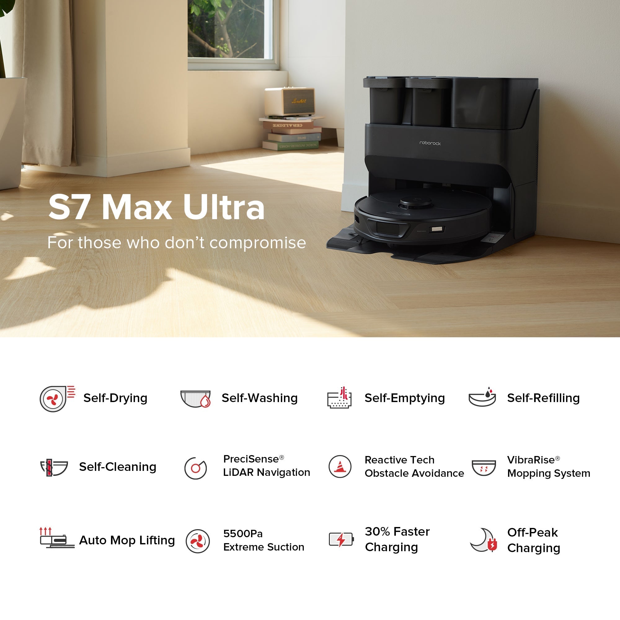 Robot vacuum charging dock on floor with robot positioned on the docking base