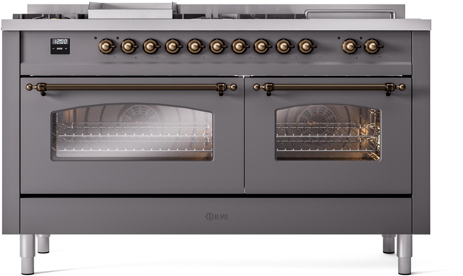 Matte graphite dual fuel gas range with bronze knobs and two glass-door ovens