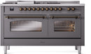 ILVE Nostalgie II 60-Inch Propane Gas Dual Fuel Range with 7 Burners, Griddle, & French Top with Triple Glass Door Oven in Matte Graphite with Bronze Trim (UP60FSNMPMGBLP)