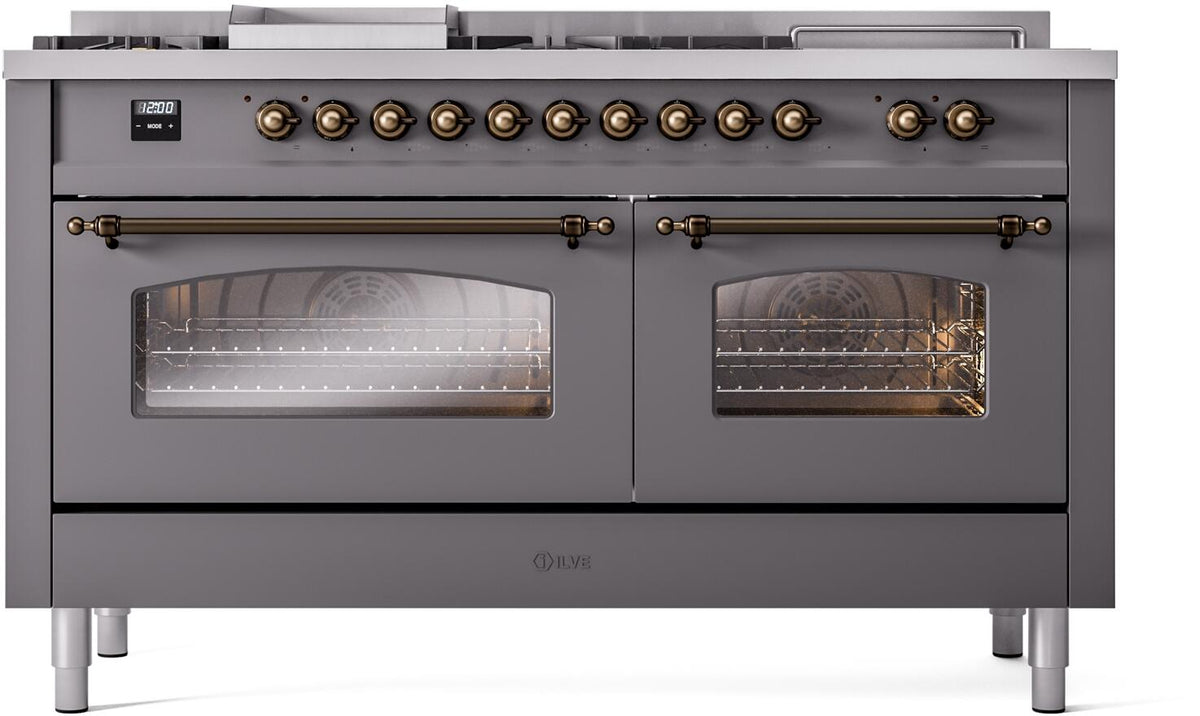 Matte graphite dual fuel range front with bronze knobs and two windowed oven doors