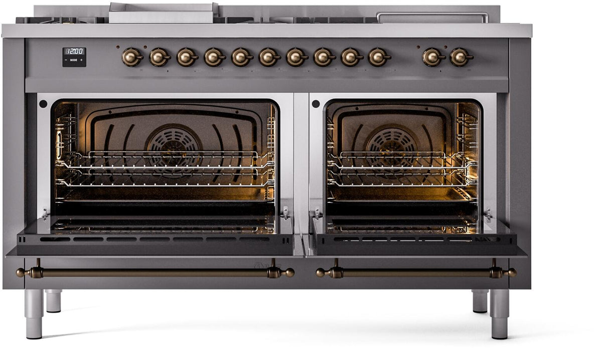 Matte graphite dual-fuel range with bronze control knobs, both oven doors open