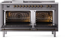 ILVE Nostalgie II 60-Inch Propane Gas Dual Fuel Range with 7 Burners, Griddle, & French Top with Triple Glass Door Oven in Matte Graphite with Bronze Trim (UP60FSNMPMGBLP)