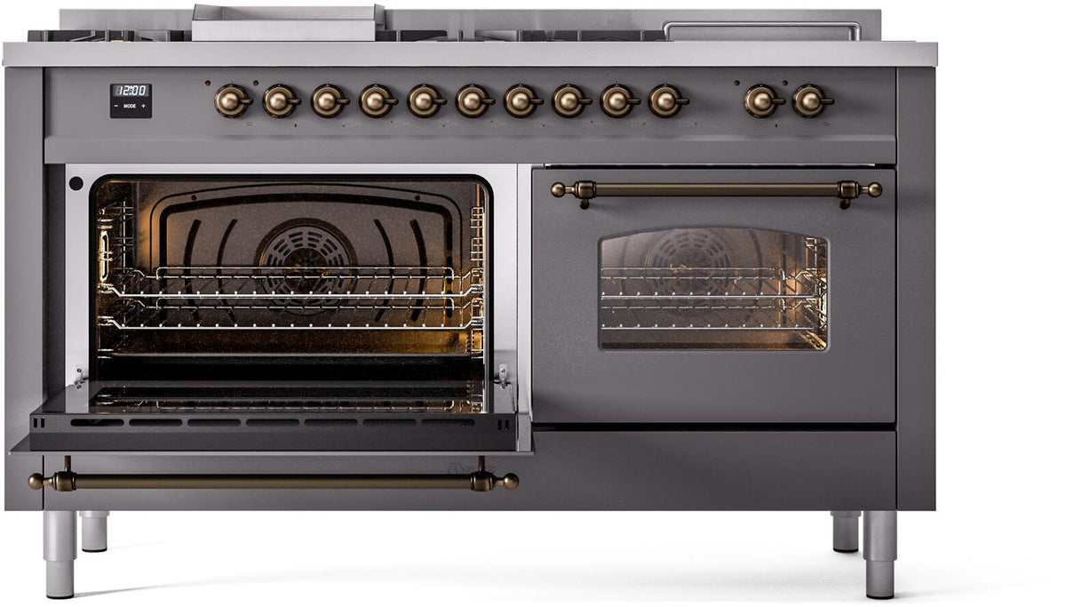 Matte graphite dual fuel range with left oven open and right oven door with glass window