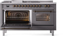 ILVE Nostalgie II 60-Inch Natural Gas Dual Fuel Range with 7 Burners, Griddle, & French Top with Triple Glass Door Oven in Matte Graphite with Bronze Trim (UP60FSNMPMGB)