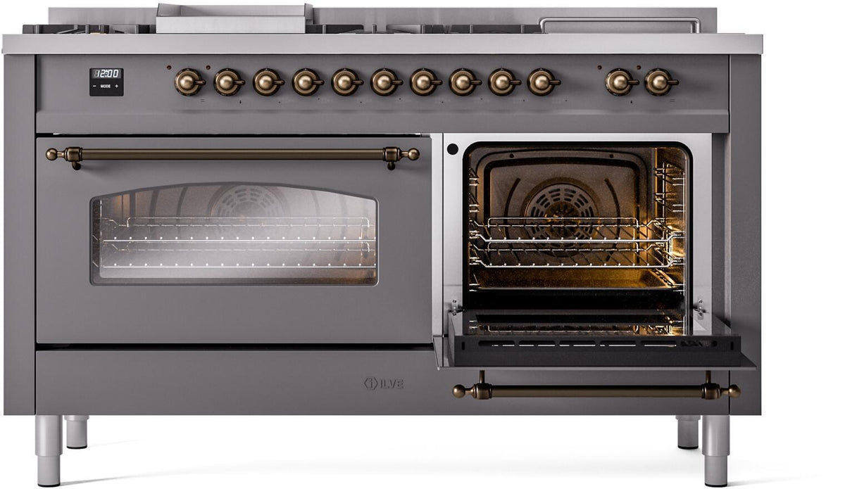 Matte graphite dual-fuel range with bronze knobs, left oven window closed and right door open