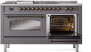 ILVE Nostalgie II 60-Inch Natural Gas Dual Fuel Range with 7 Burners, Griddle, & French Top with Triple Glass Door Oven in Matte Graphite with Bronze Trim (UP60FSNMPMGB)
