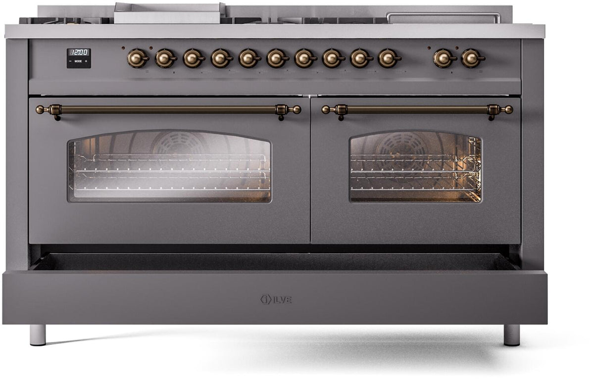 Matte graphite dual fuel range with bronze knobs and two oven doors with glass windows