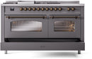 ILVE Nostalgie II 60-Inch Natural Gas Dual Fuel Range with 7 Burners, Griddle, & French Top with Triple Glass Door Oven in Matte Graphite with Bronze Trim (UP60FSNMPMGB)