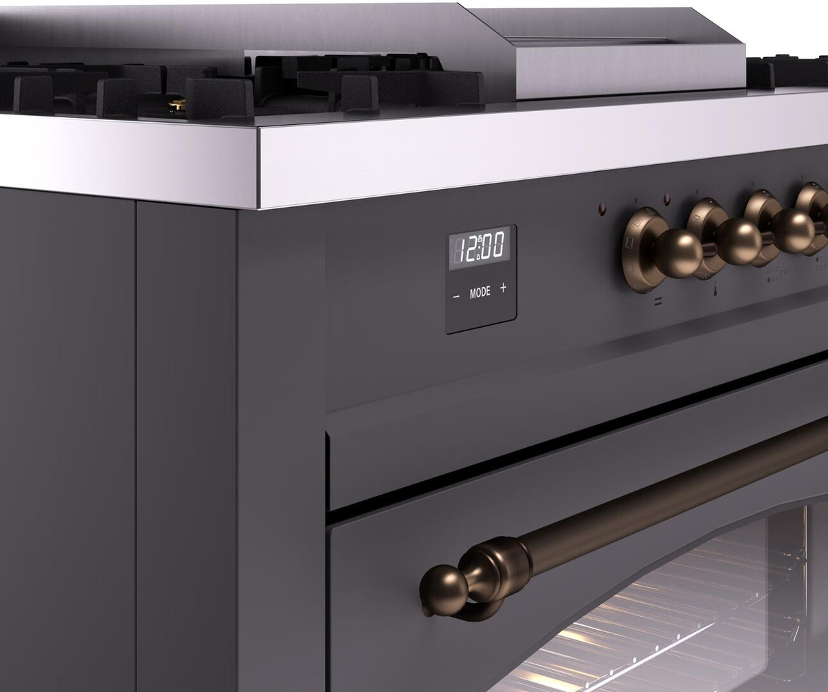 Matte graphite control panel with digital display, MODE buttons, and bronze knob handles