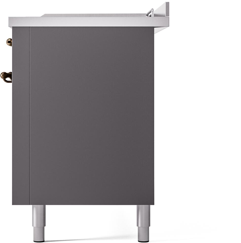 Matte graphite end panel of dual-fuel range with bronze connection fittings and leveling legs