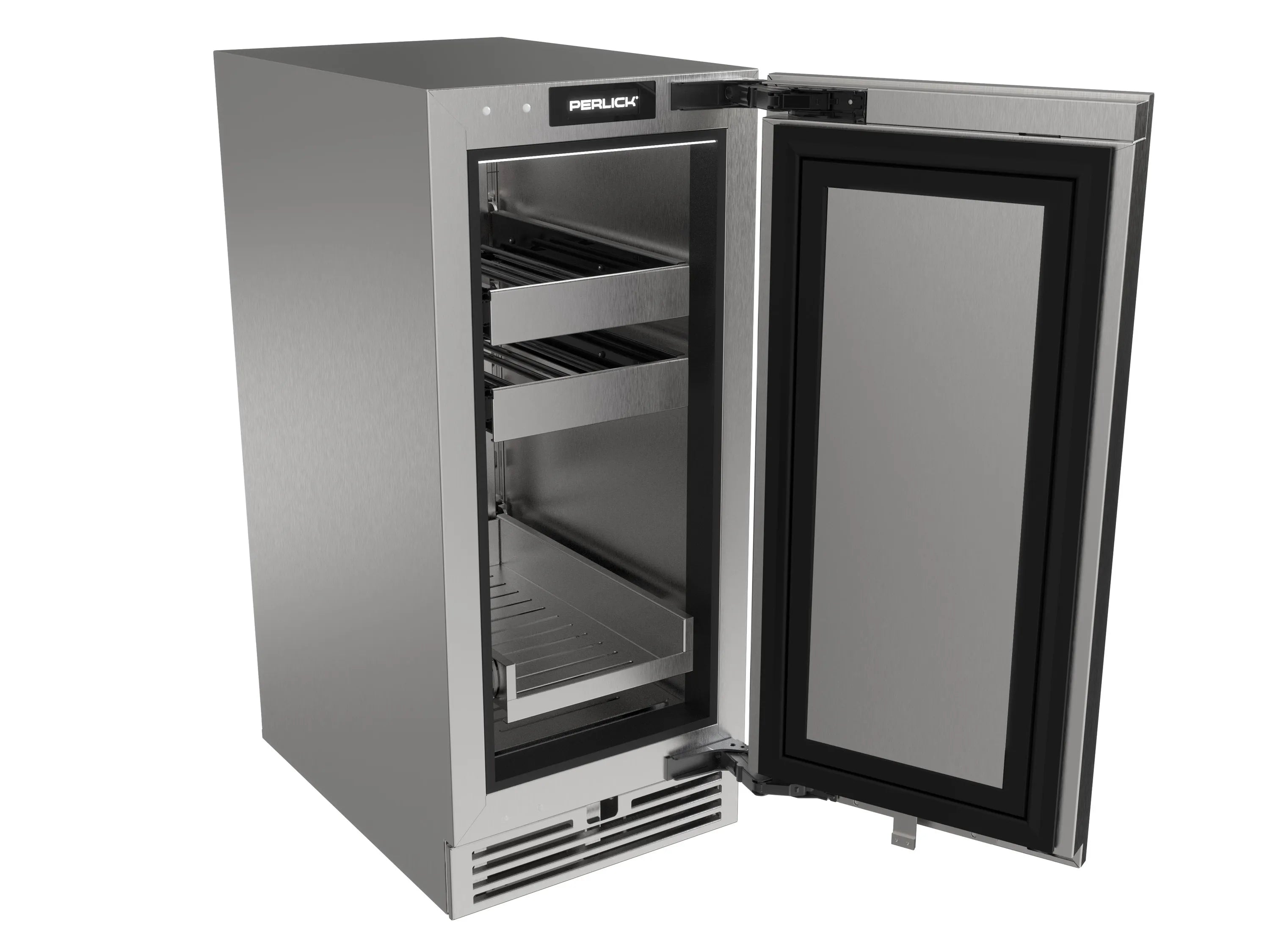 Undercounter beverage center with open door, interior shelves, and black-framed solid door