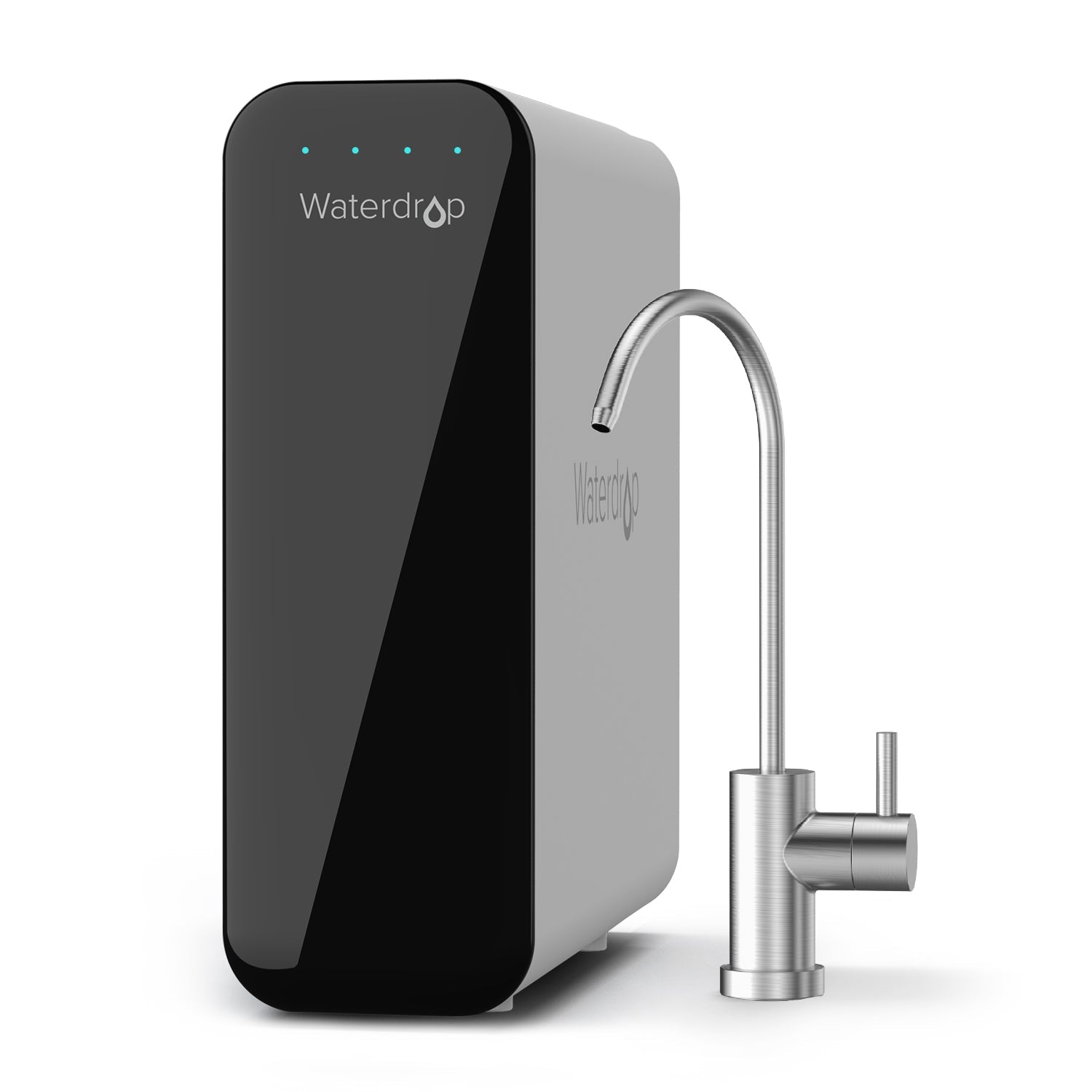 Under-sink water filtration system with black control unit and chrome-style faucet