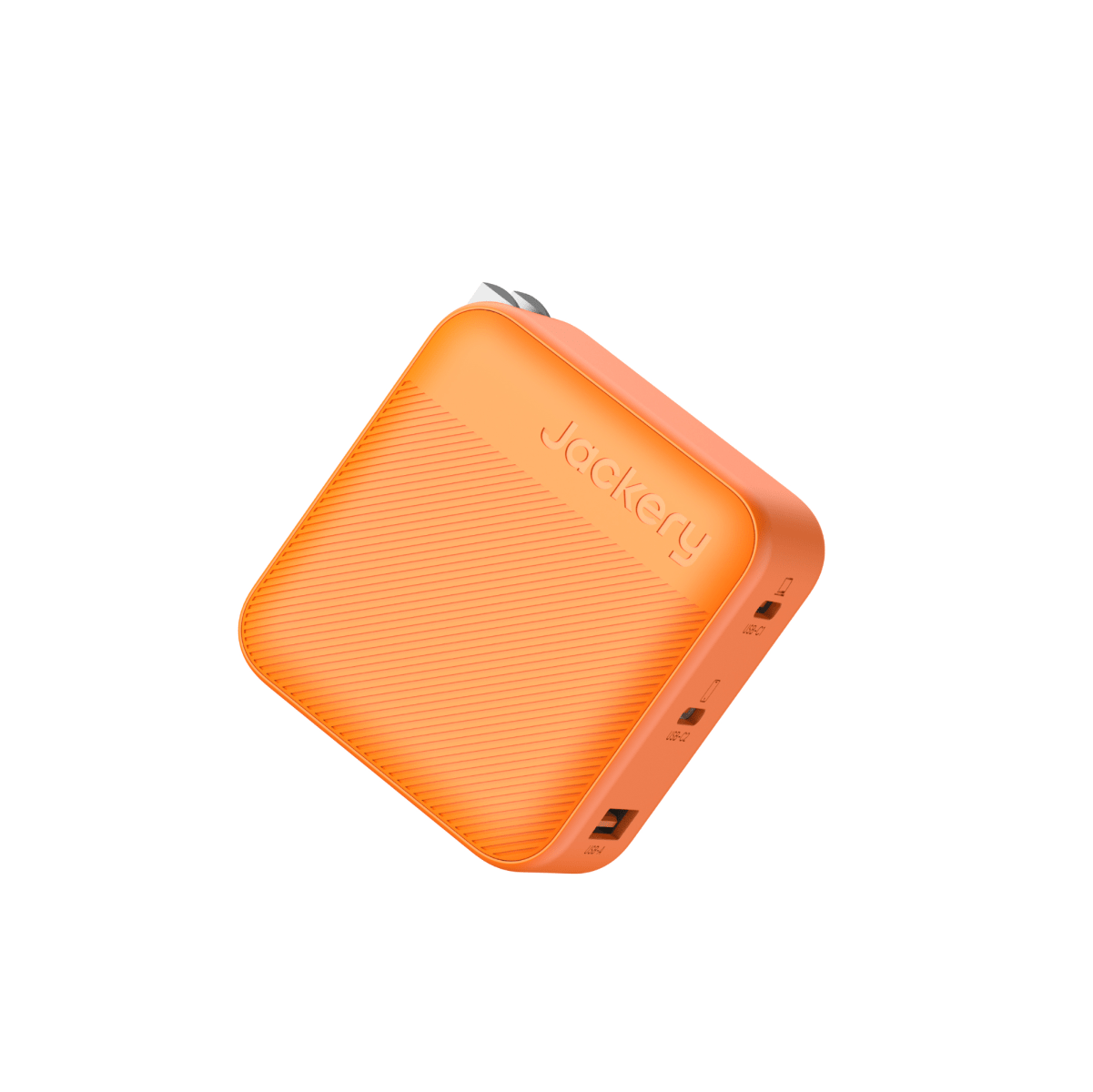 Orange Jackery fast charger with angled corner view and three port openings