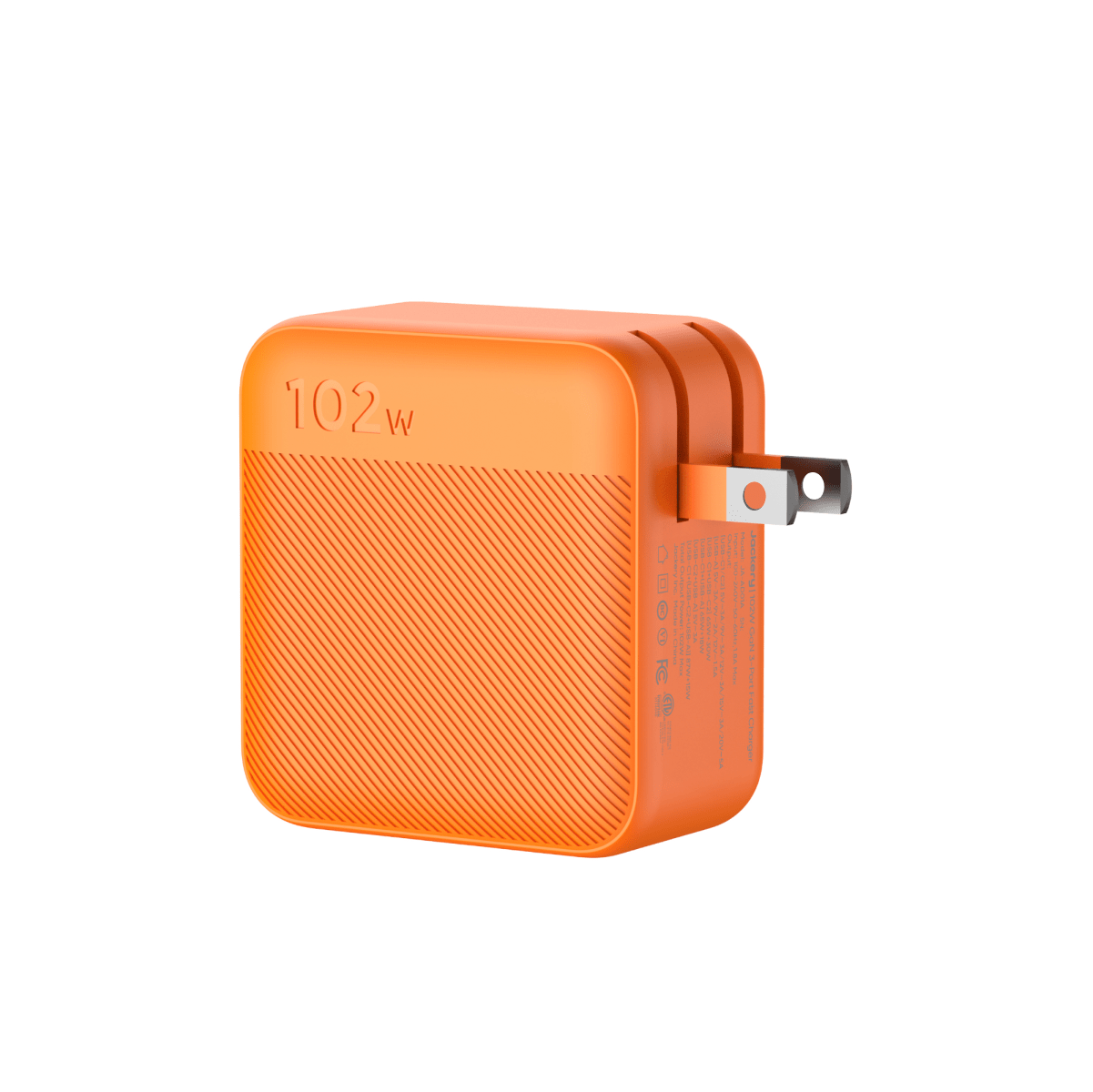Orange Jackery 102W charger cube with side plug and visible port cutouts