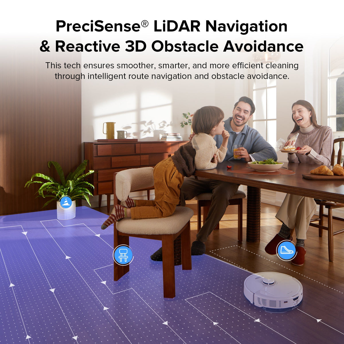 Roborock robot vacuum navigating a home with floor mapping grid