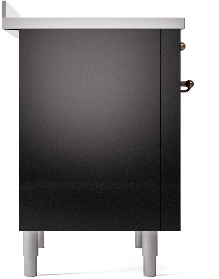Freestanding electric induction range side panel in glossy black with bronze handles