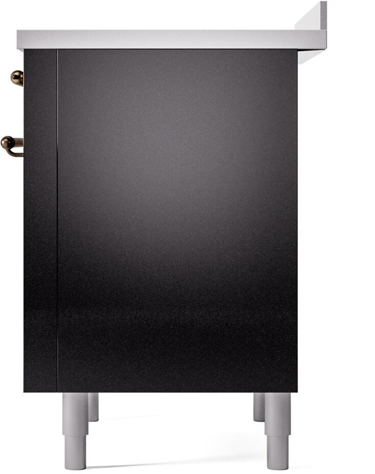 Freestanding electric induction range rear side panel in glossy black with bronze fittings