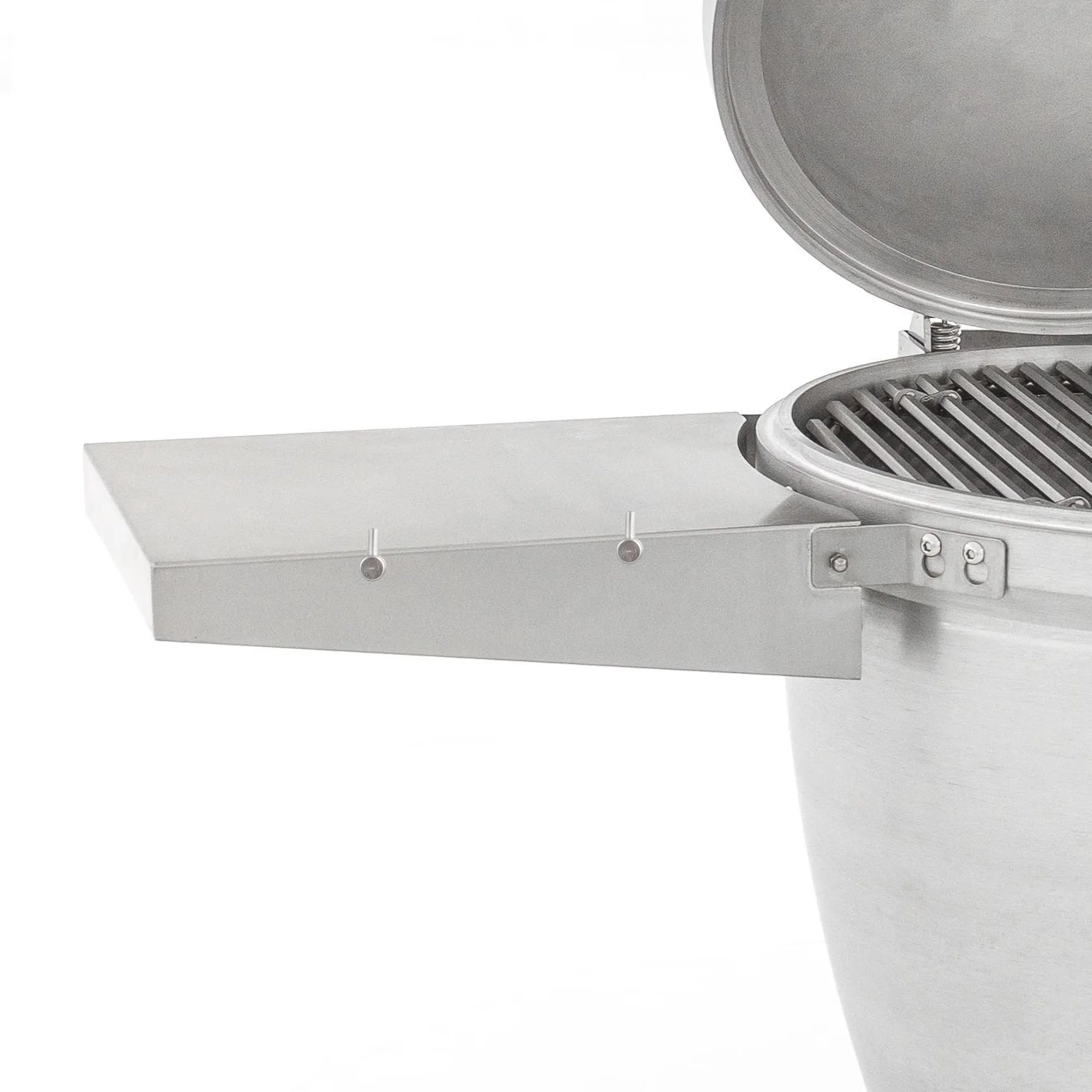 Stainless steel side shelf with hinge brackets and mounting pins near grill lid