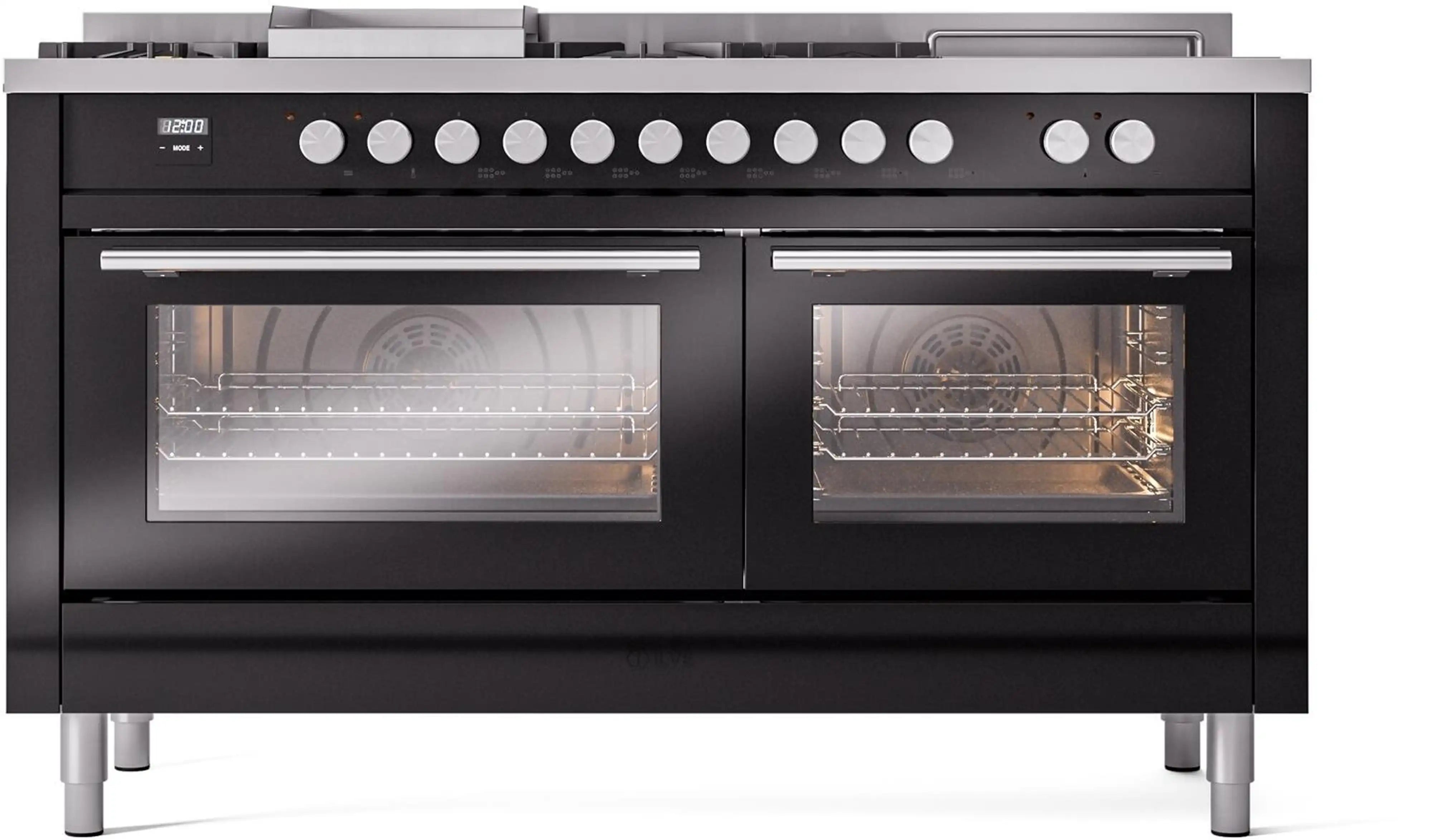 Glossy black range with two glass oven doors and front row of burner control knobs