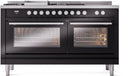 ILVE Professional Plus II 60-Inch Natural Gas Dual Fuel Range with 7 Burners, Griddle, & French Top with Triple Glass Door Oven in Glossy Black (UP60FSWMPBK)