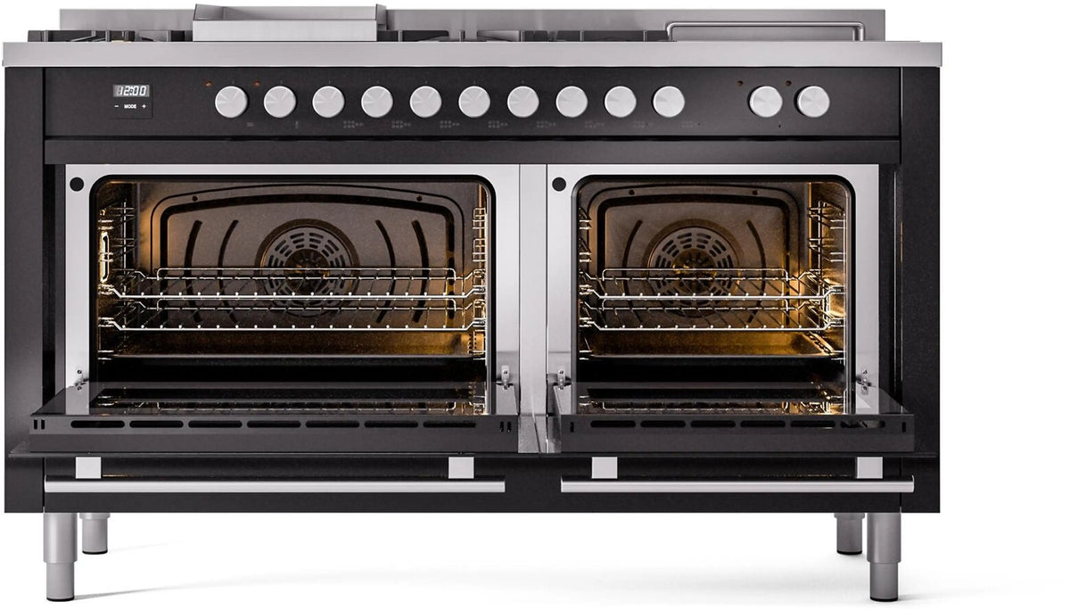 Open-range ovens with illuminated racks and fan inside both compartments
