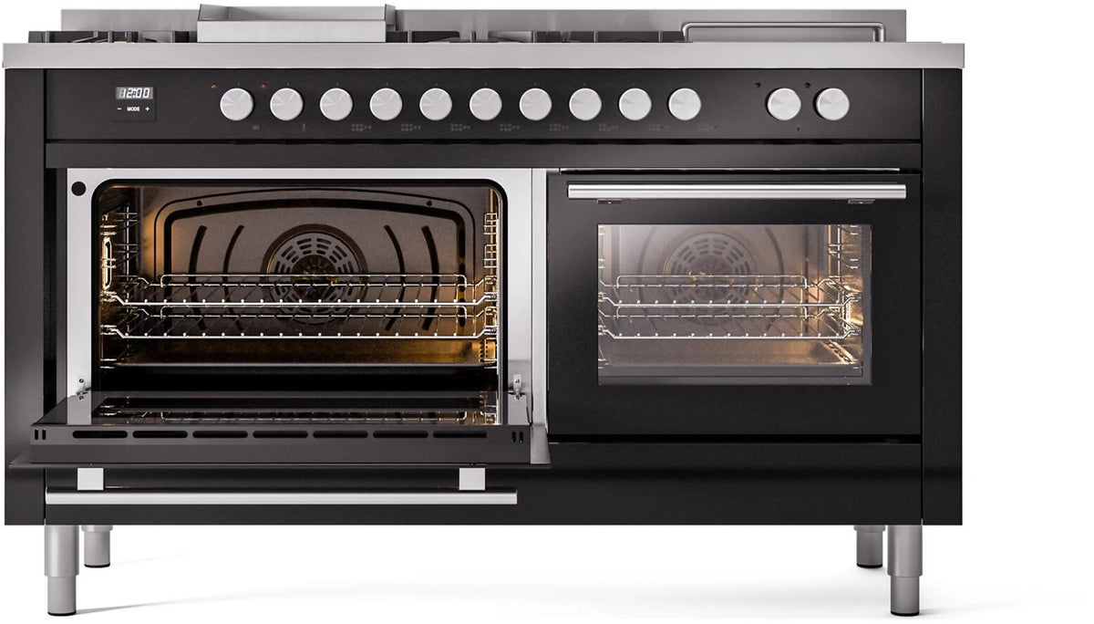 Glossy black dual fuel range with both ovens open, one door shows lit interior