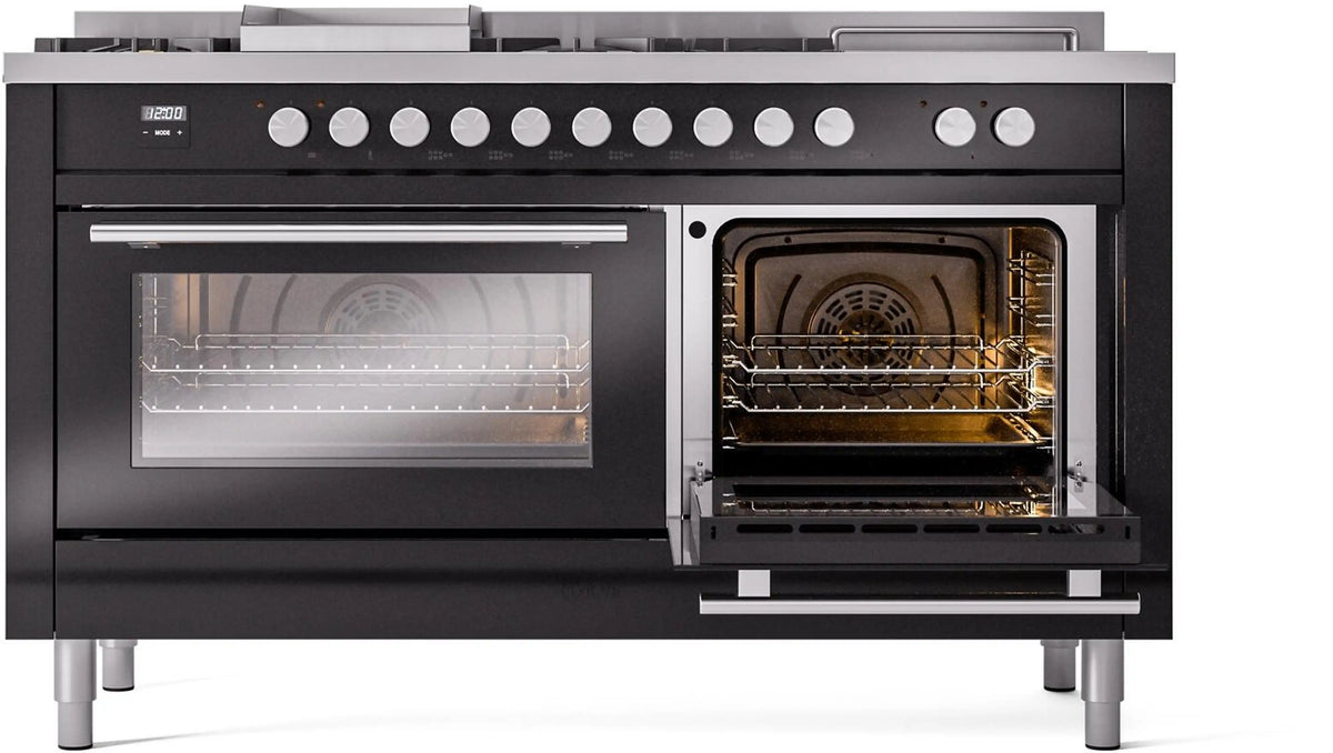 Glossy black gas dual fuel range with multiple burners and open oven door