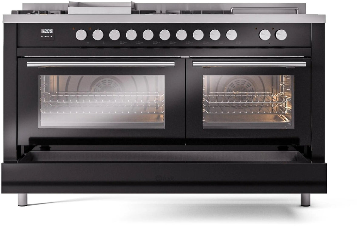 Glossy black dual fuel range with both oven doors closed and control panel above