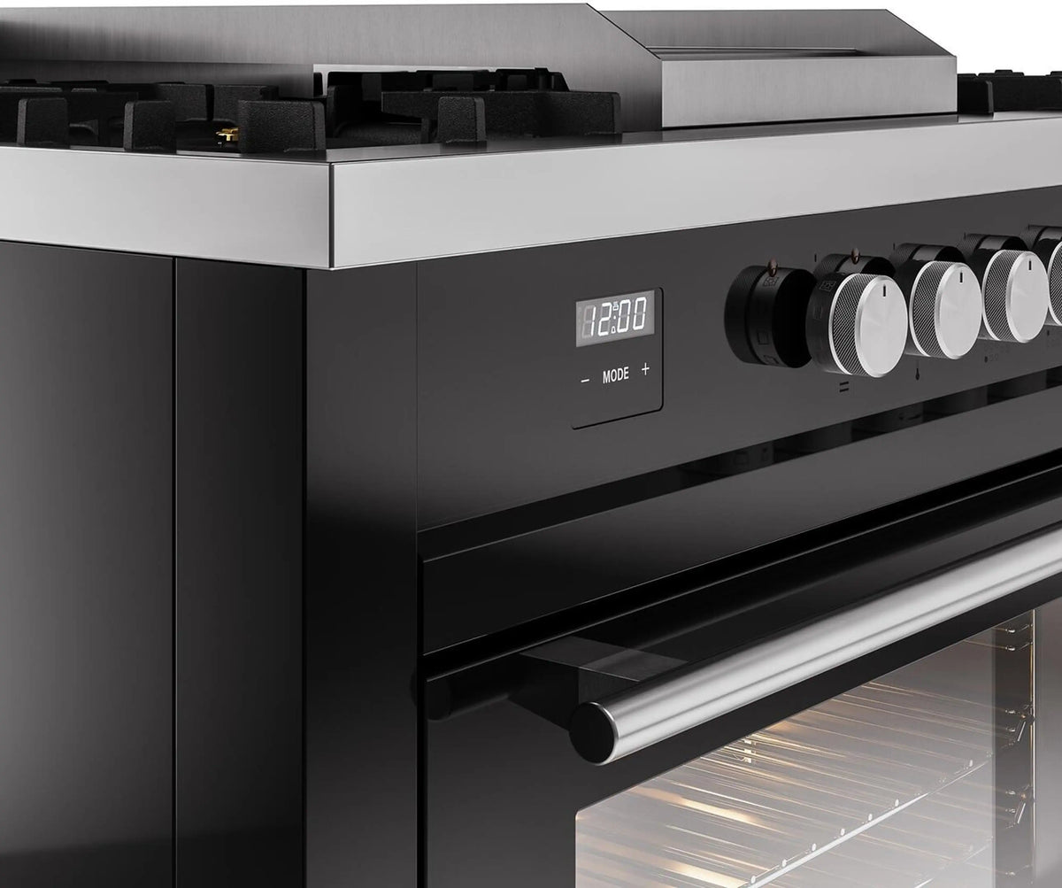 Glossy black gas range control panel with knobs and display, open oven door view