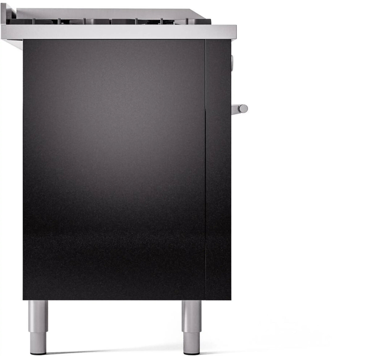Glossy black range body with side handle and stainless feet on a base frame