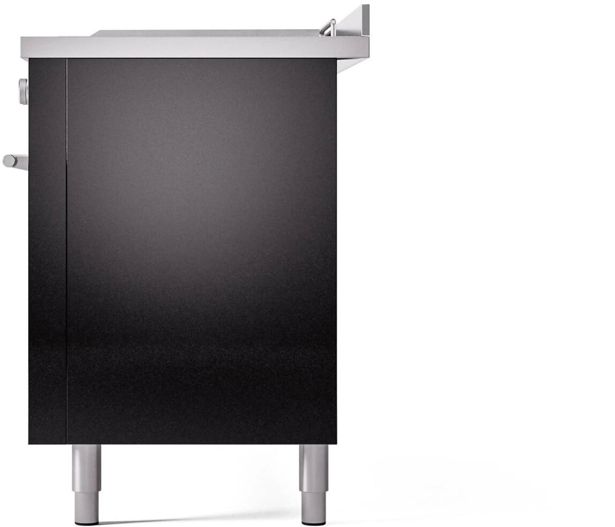 Glossy black freestanding dual fuel range front with lower access doors