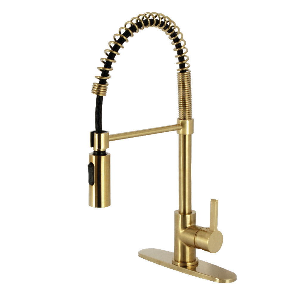 Brushed brass deck-mount kitchen pre-rinse faucet with single handle and coiled spray hose