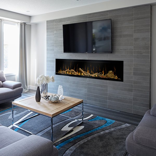 Linear fireplace accessory kit: driftwood logs and river rock stones with flames