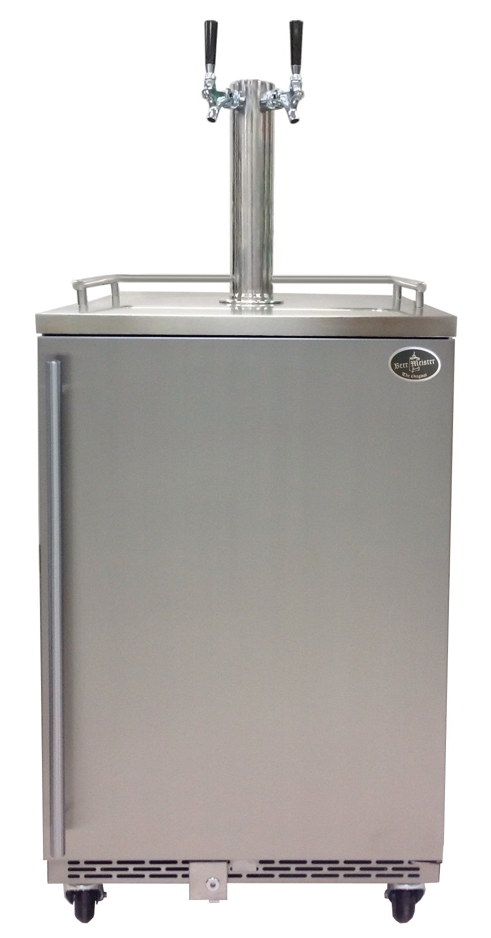 Dual-tower beer refrigerator with stainless front, draft towers, and casters