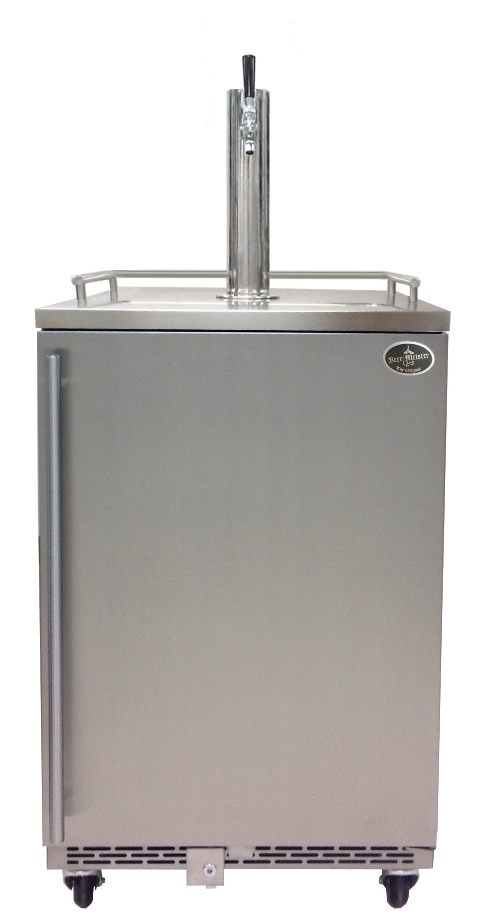 Stainless beverage refrigerator with single door and tall draft tower