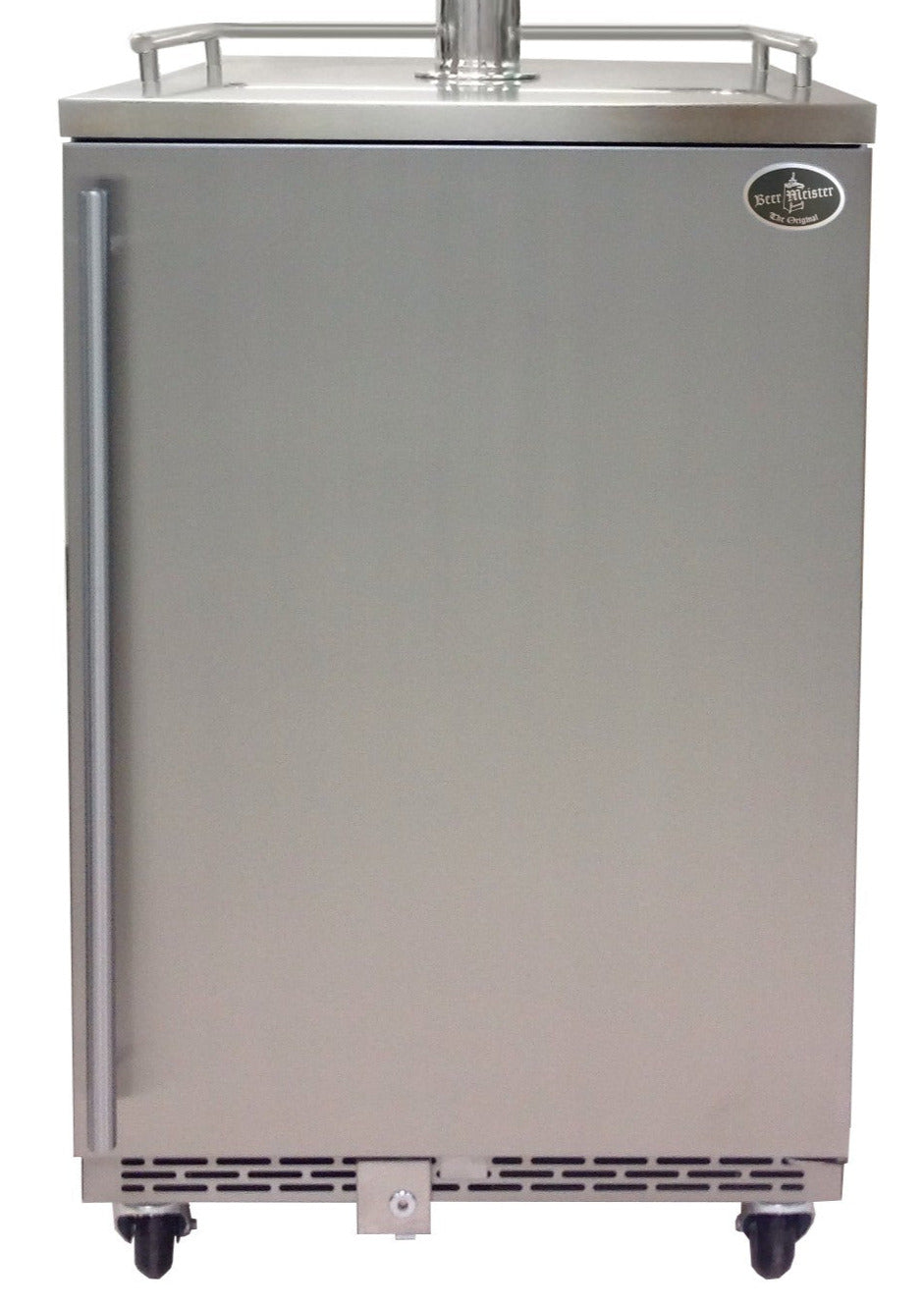 Stainless beer refrigerator with front door and top draft column, digital control panel