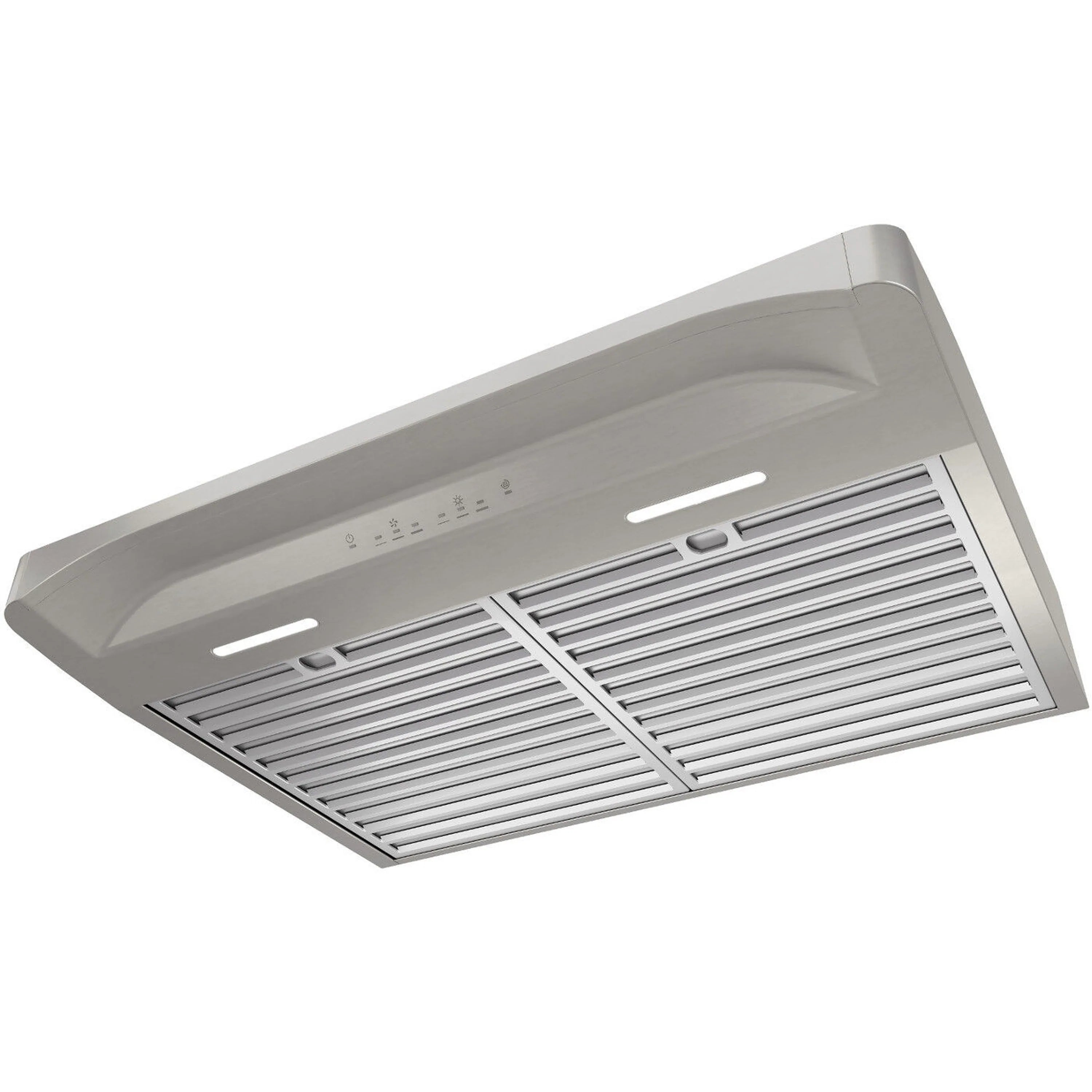 Stainless steel under-cabinet range hood with vent grilles and control panel
