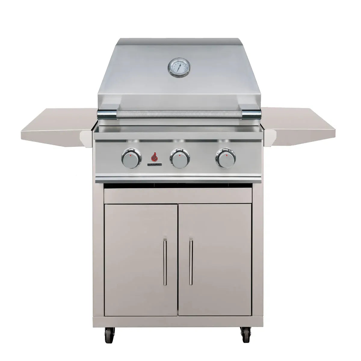 Stainless steel freestanding natural gas grill, 3 burners, front knobs and thermometer