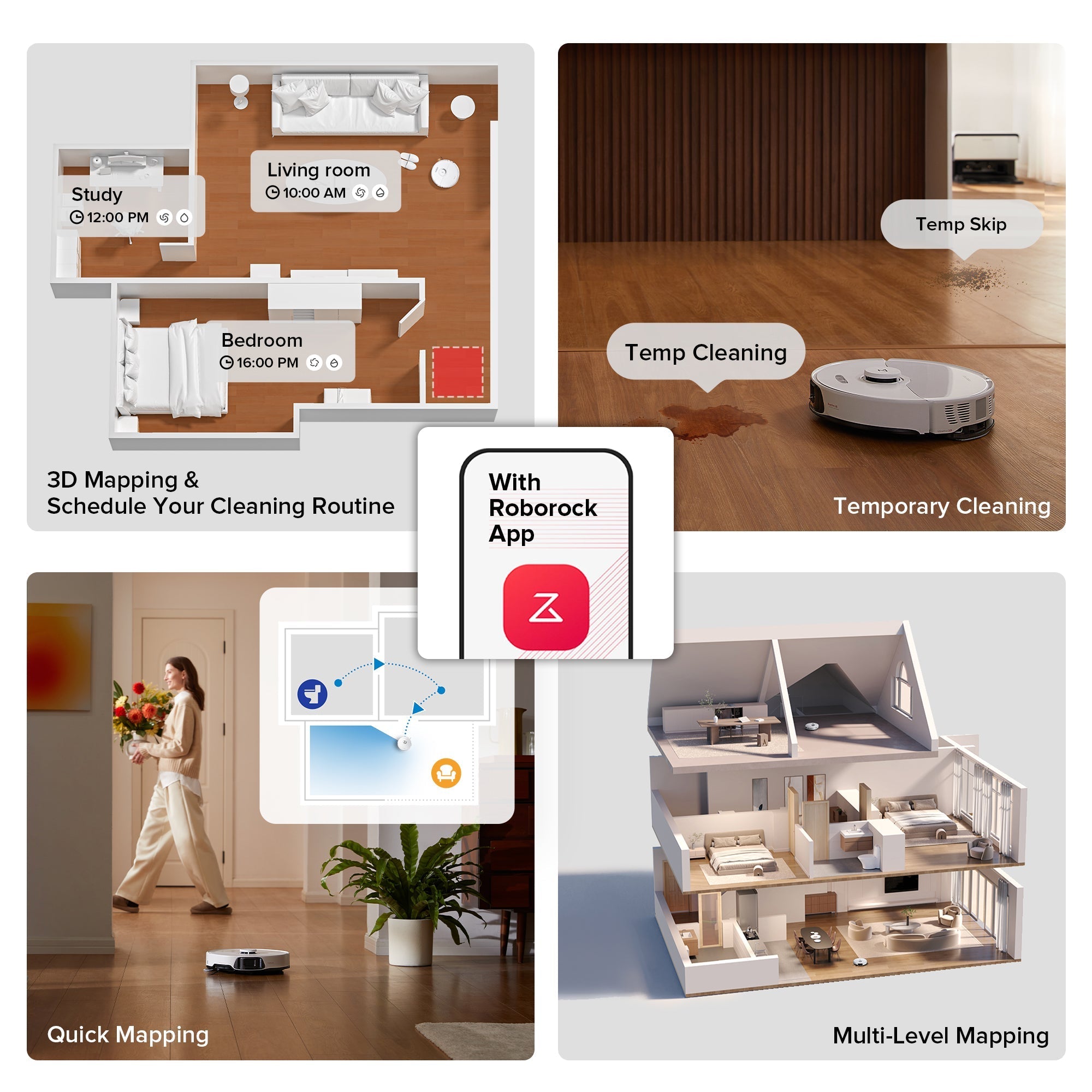 Roborock robot vacuum showing room mapping and cleaning routine planning