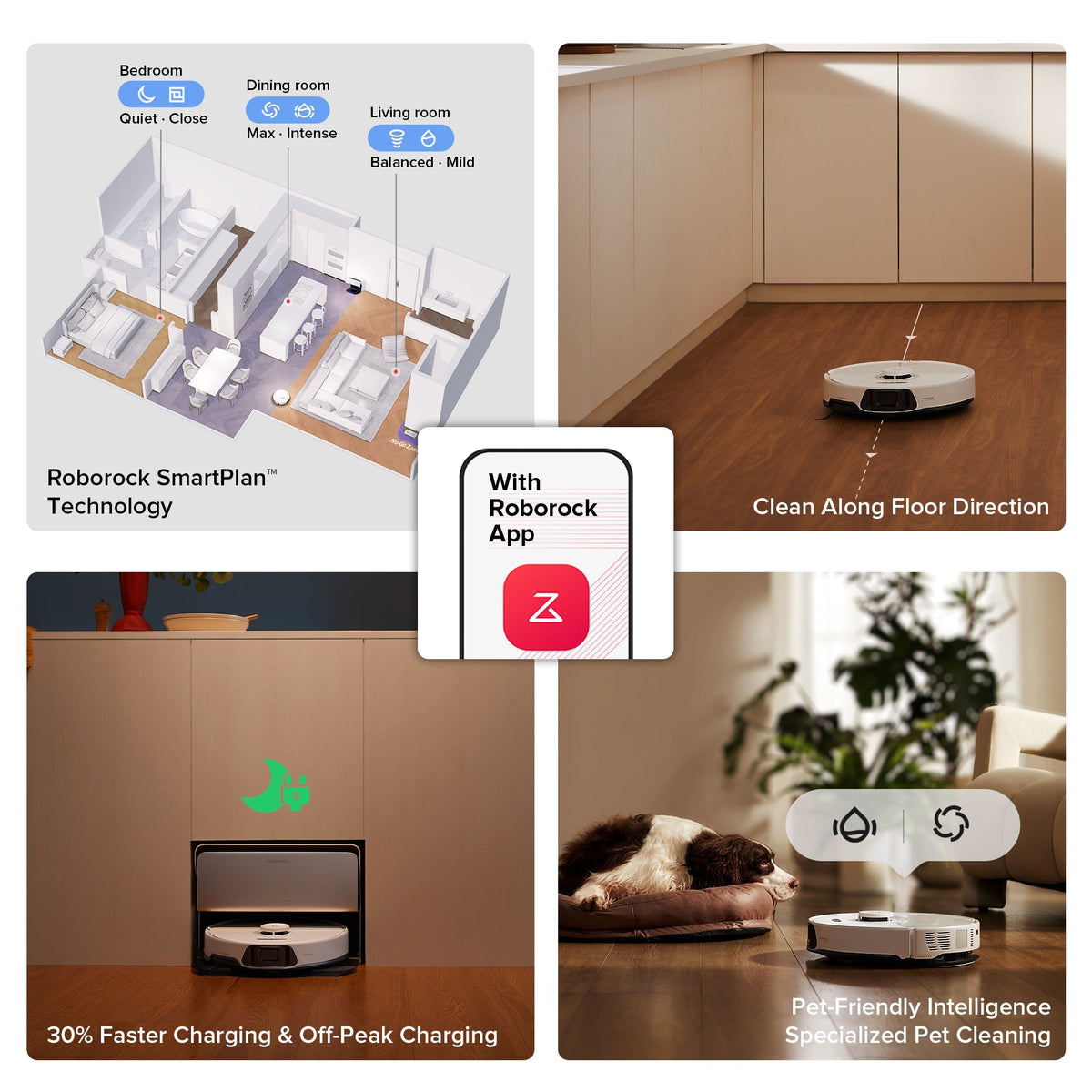 Roborock robot vacuum moving across hardwood floor with smart app control