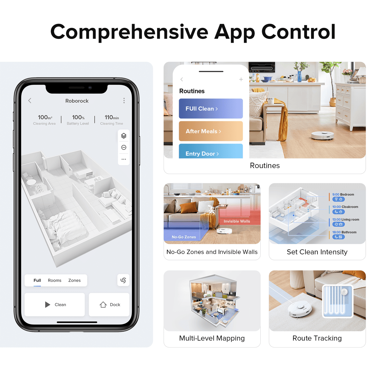 Robot vacuum and mop app control screen with room maps, routines, and zone settings