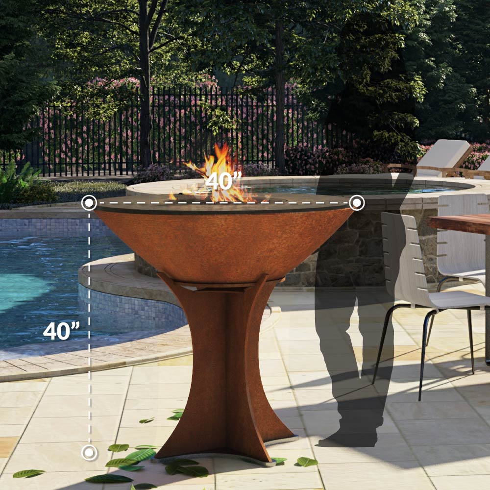 Corten brown flat-top grill with 40-inch height measurement on outdoor patio