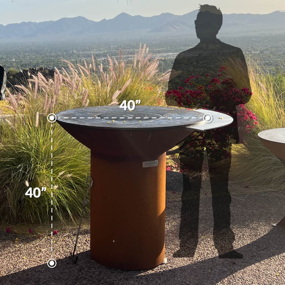 40-inch Corten round grill with storage base, outdoor use with flames in fire bowl.