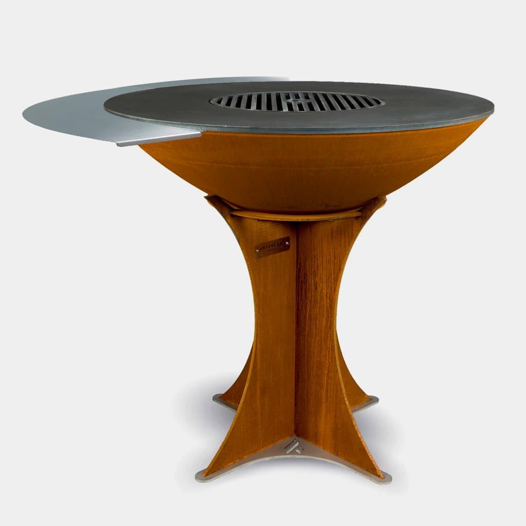 Vented gray warming top on tall wooden base with star-shaped feet