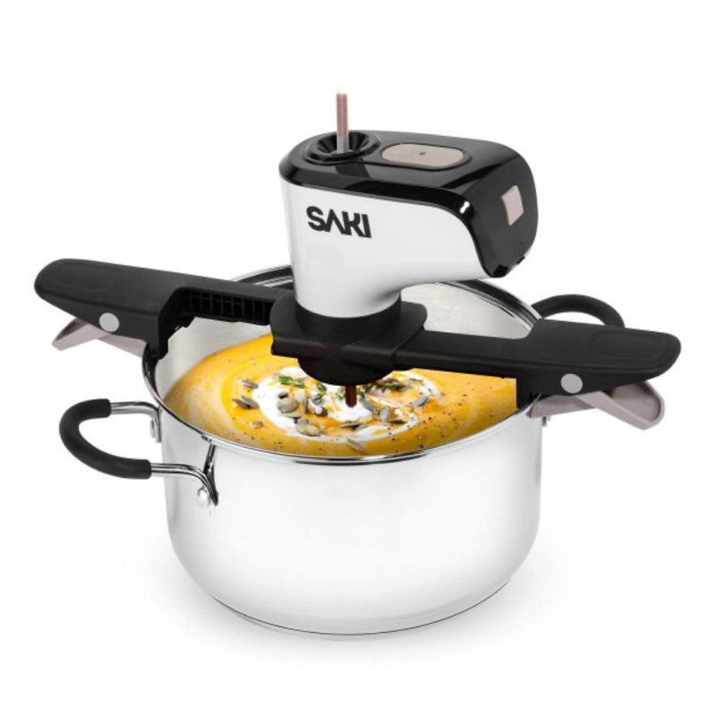 SAMI kitchen tool on top of a pot with a white background
