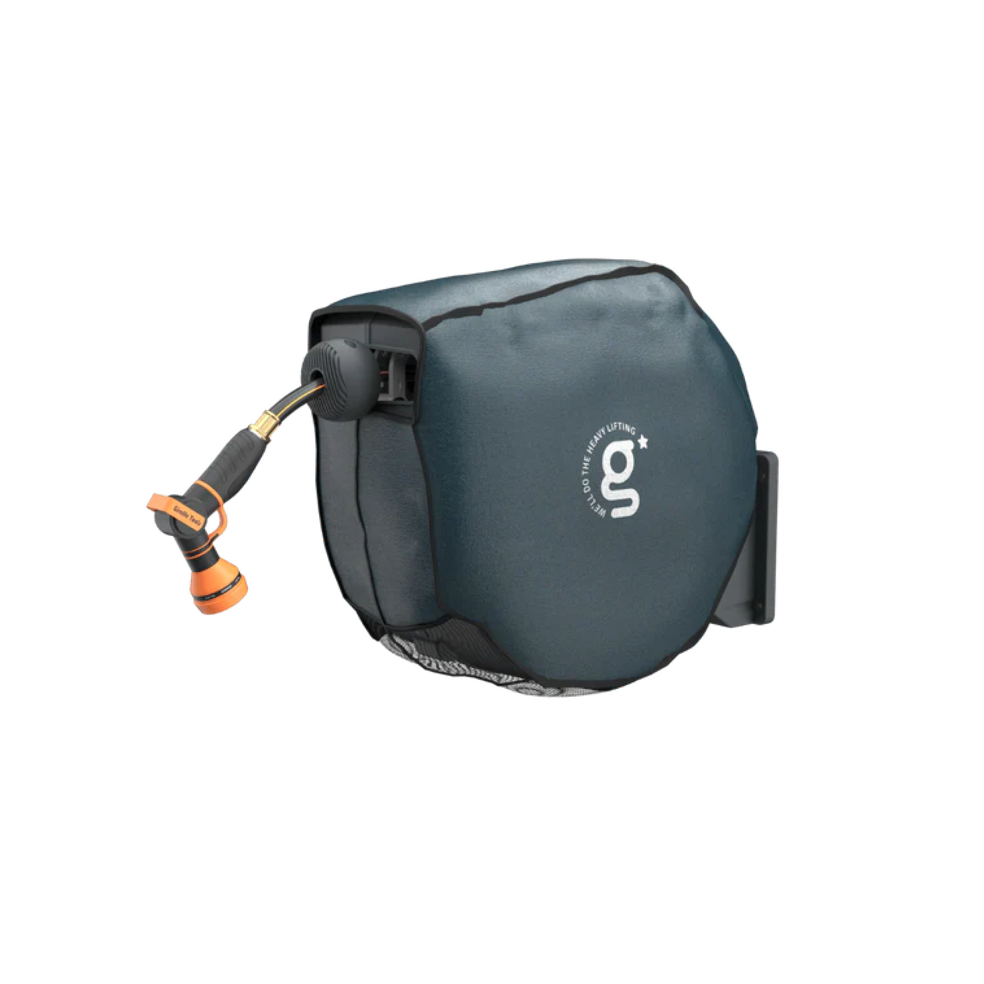 Dark gray waterproof hose reel cover with zipper and g-logo front panel