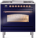 ILVE Nostalgie II 36-Inch Freestanding Natural Gas Dual Fuel Range in Midnight Blue with Copper Trim (UP36FNMPMBP)