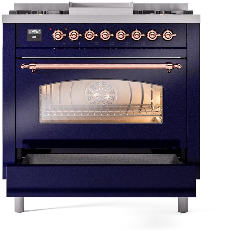 Midnight blue dual fuel range with copper control bar and lit oven window