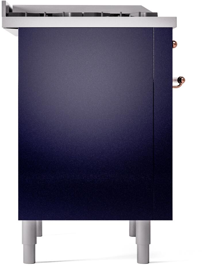 Back panel view of a midnight blue freestanding dual fuel range with copper side fitting